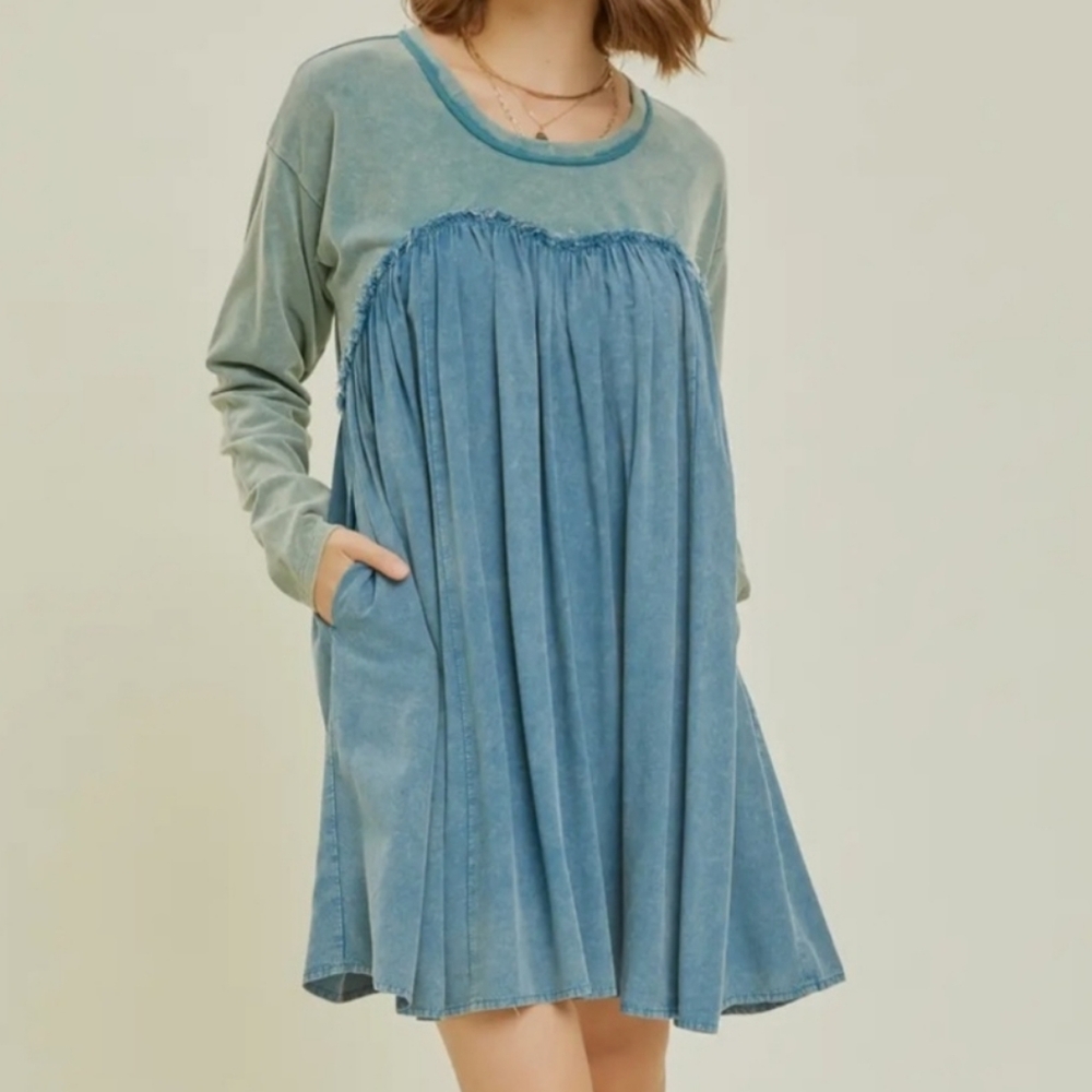 1XL NWT HEYSON Chambray/Grn Mineral Wash Dress 25.5ptp 36.5Long 2 Pockets SOFT! - Picture 3 of 16